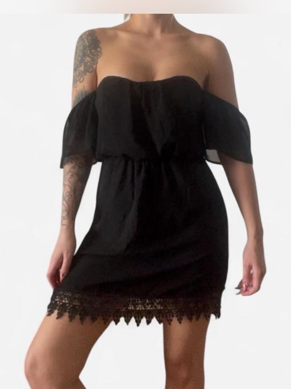 Socialite Black Lace Trim Off Shoulder Mini Dress - S